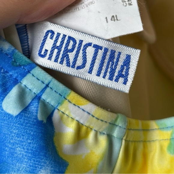 Vtg Floral Strapless One Piece Swim Suit Size 14 L Blue Green Christina 80s 90s - Picture 5 of 8